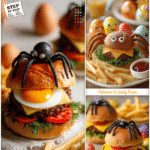 A kid-friendly spider burger with fries styled next to Halloween eggs and fun party decorations.